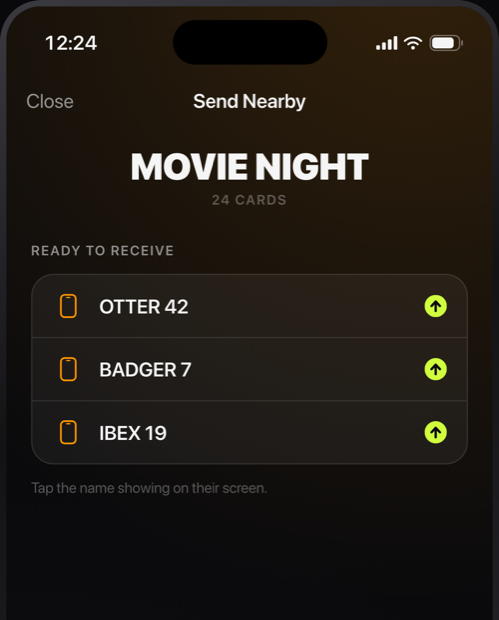 The Send Nearby screen listing three phones ready to receive a deck.