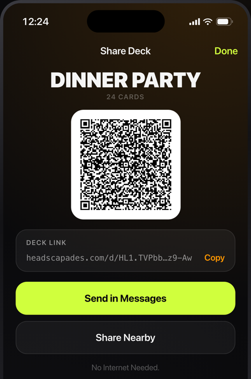 A deck's share screen showing a QR code, the deck link, and the share buttons.